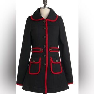 Knitted Dove ModCloth Black Coat Red Trim Military Style Retro Vintage Small